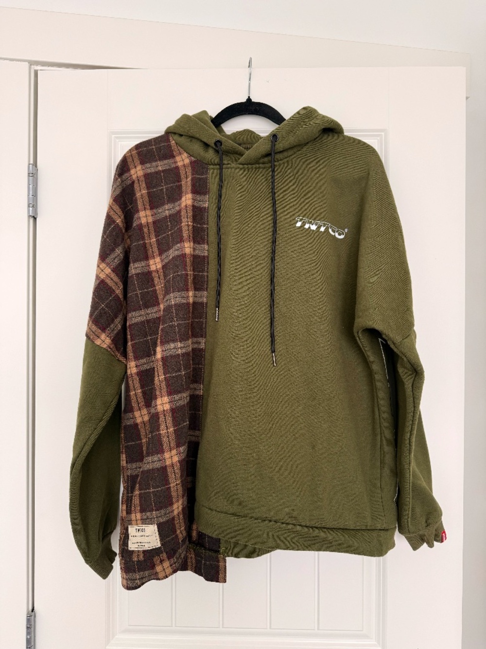TNTCO Split Plaid Hoodie Oversized Streetwear Pullover Olive Green